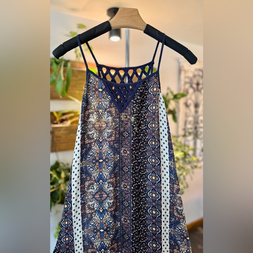 Mystree Navy and Cream Patterned Maxi Dress Plunging Deep V
